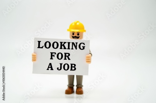 toy man holding a sign with the text (I'm looking for a job)