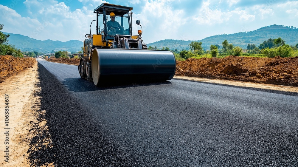 Asphalt paver machine during road work Asphalt paver machine during road work