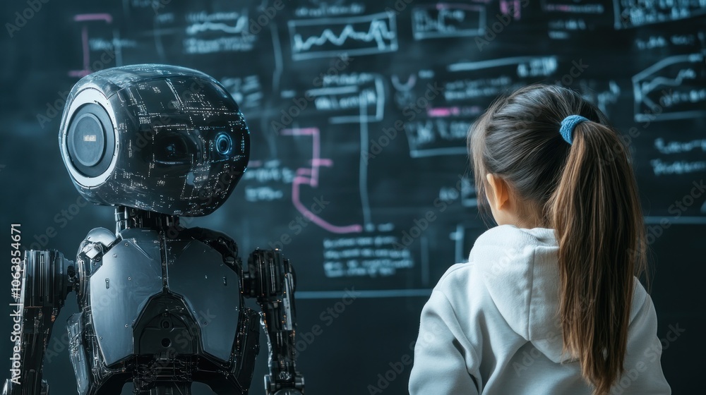 Close-up of Robots engaged in data visualization discussions in a futuristic laboratory setting. Ai generated image Close-up of Robots engaged in data visualization discussions in a futuristic laboratory setting. Ai generated image