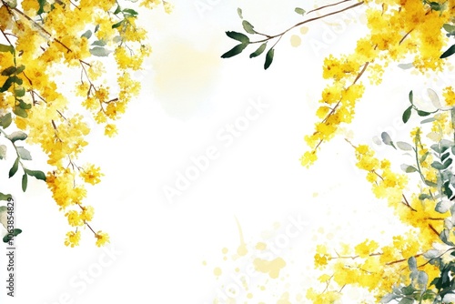 Delicate Mimosa Blooms Border. Watercolor Floral Illustration for Spring Greeting Cards