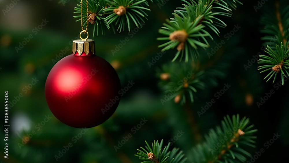 Fototapeta premium A red ornament adorns a lush green Christmas fir tree with its vibrant presence standing out amidst the branches