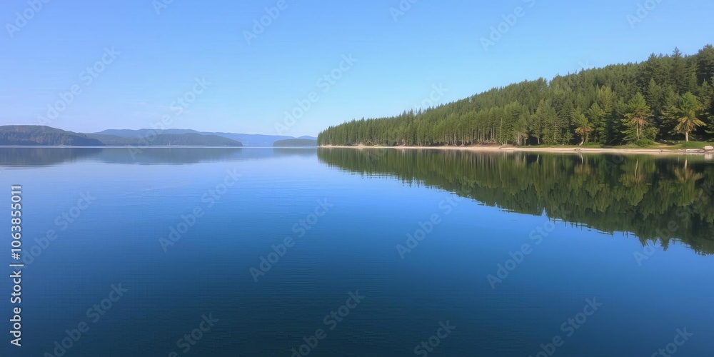A serene lake surrounded by lush greenery reflecting the clear blue sky, serene, trees A serene lake surrounded by lush greenery reflecting the clear blue sky, serene, trees