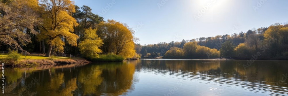 A serene lake surrounded by lush green trees under a clear blue sky, clear sky, outdoor A serene lake surrounded by lush green trees under a clear blue sky, clear sky, outdoor