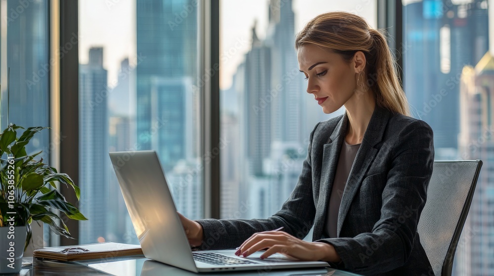 Professional businesswoman in a modern office, wearing a smart suit, confidently working on a laptop at a sleek desk, Professional businesswoman in a modern office, wearing a smart suit, confidently working on a laptop at a sleek desk,