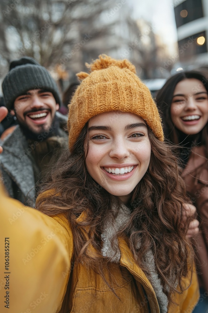 Smiling woman taking selfie with friends making gestures Smiling woman taking selfie with friends making gestures