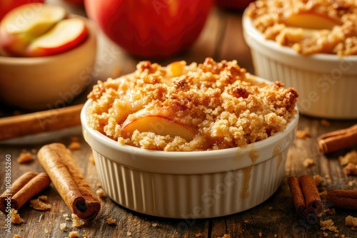 Apple Crumble Dessert in White Ramekins with Cinnamon Sticks