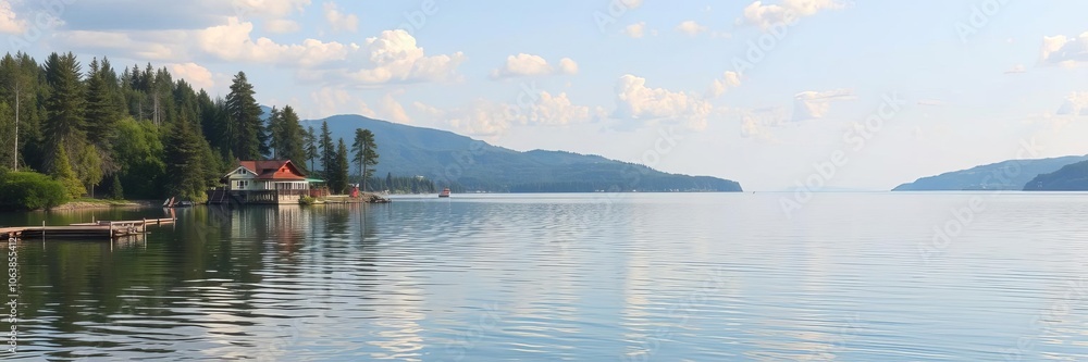 A serene lake surrounded by lush green trees reflecting in the calm water, nature, idyllic A serene lake surrounded by lush green trees reflecting in the calm water, nature, idyllic
