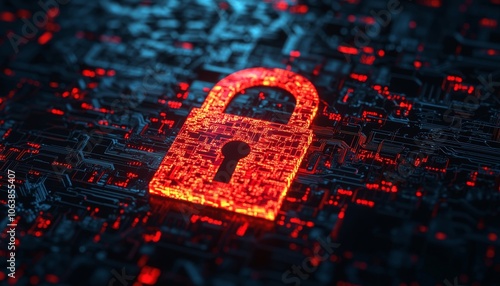Red glowing padlock on a digital background, symbolizing security and data protection.
