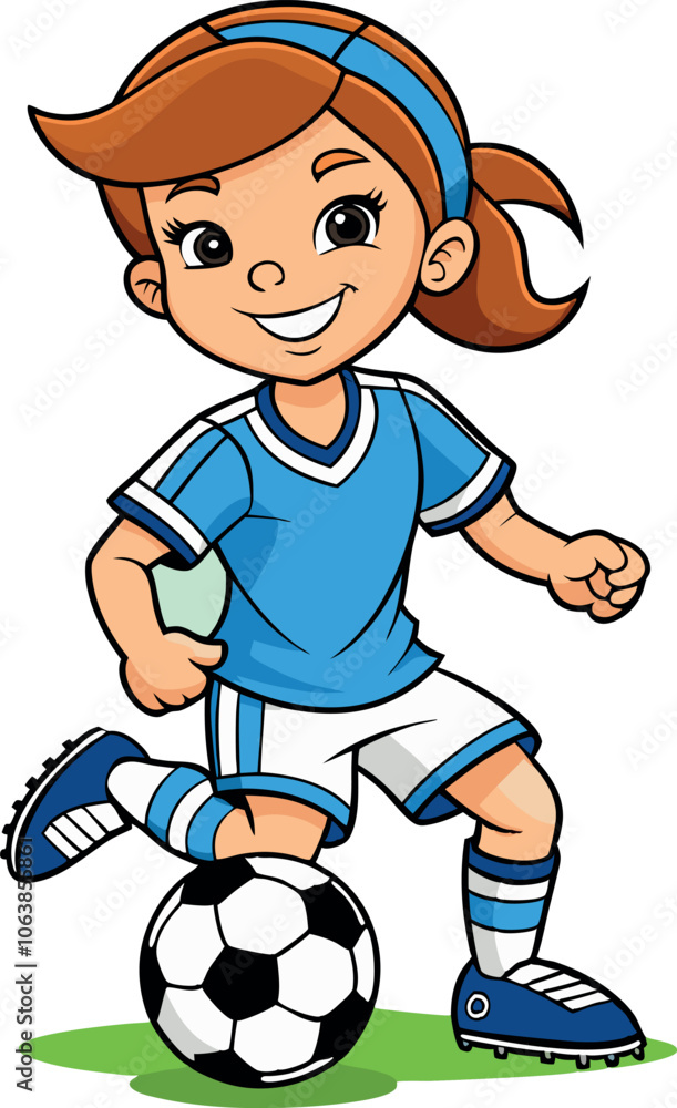 Smiling soccer player girl dribbling ball on field Smiling soccer player girl dribbling ball on field