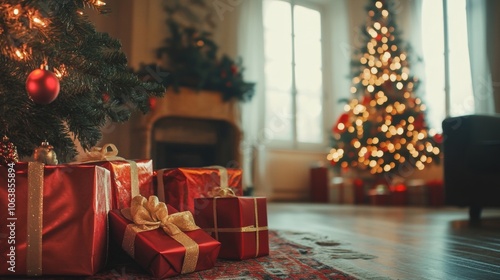 New year greeting card. Warm holiday scene featuring wrapped gifts under a decorated Christmas tree in a cozy, softly lit living room, evoking festive spirit.

