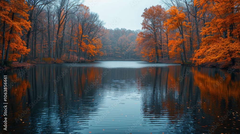 Obraz premium Scenic Autumn River Surrounded by Vibrant Foliage and Reflecting Water