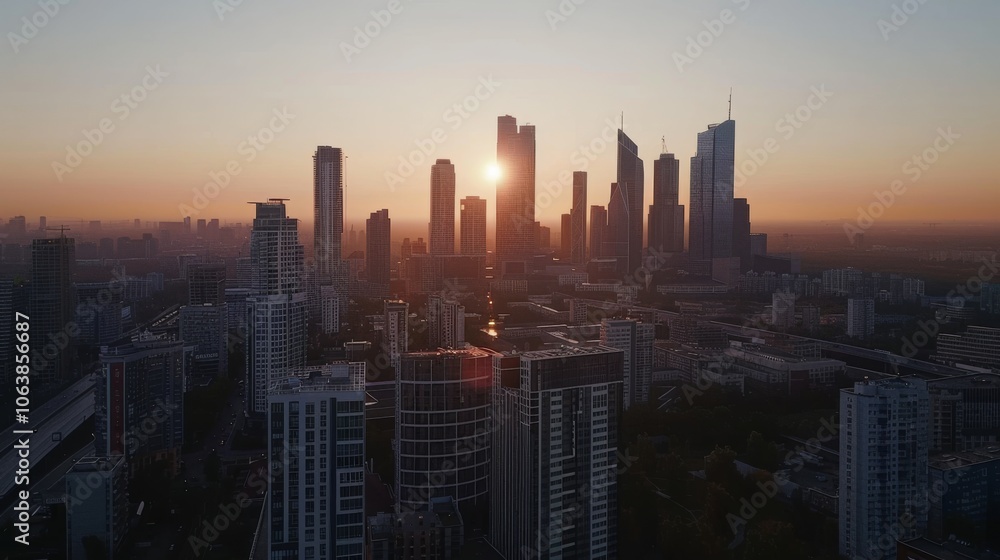 Skyscrapers silhouetted against the setting sun create a dramatic cityscape, exuding warmth and vibrancy. Skyscrapers silhouetted against the setting sun create a dramatic cityscape, exuding warmth and vibrancy.