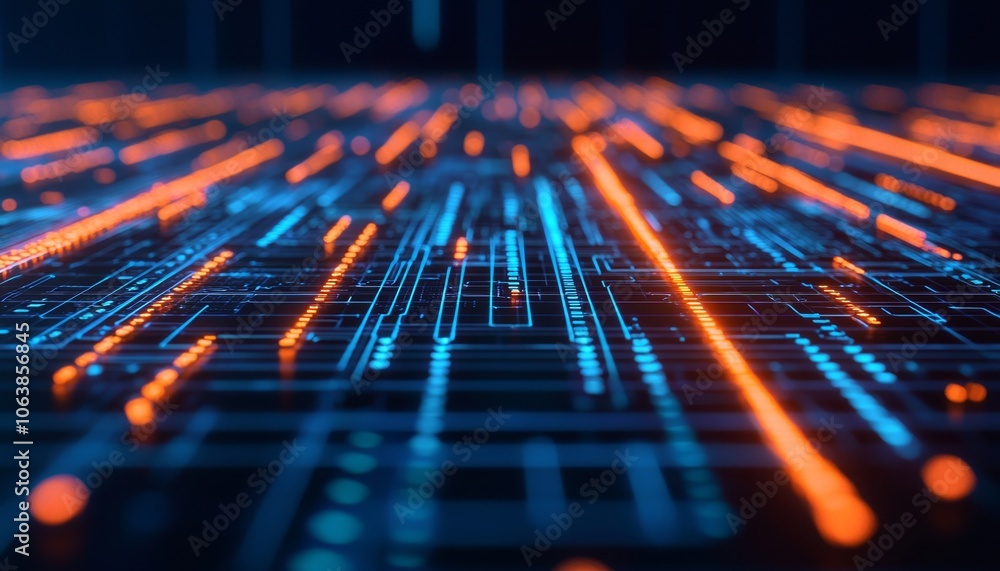 Vibrant digital lines of data flow, illuminated in blue and orange tones, abstract background for tech themes. Vibrant digital lines of data flow, illuminated in blue and orange tones, abstract background for tech themes.