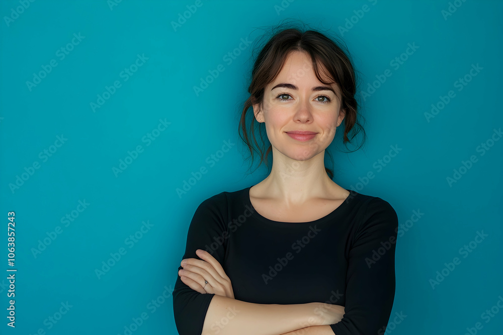 Portrait of a cheerful woman in her 30s with arms crossed on a blue background. 4k high quality Portrait of a cheerful woman in her 30s with arms crossed on a blue background. 4k high quality