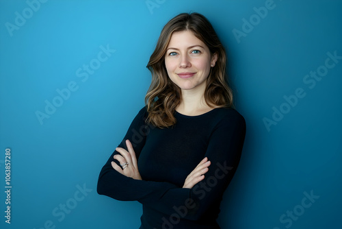 Portrait of a cheerful woman in her 30s with arms crossed on a blue background. 4k quality image