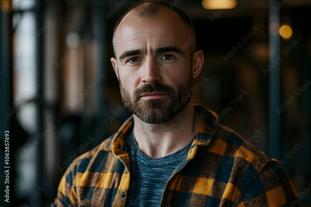Portrait of a content man in his 30s in a flannel shirt with a gym setting. 4k high quality Portrait of a content man in his 30s in a flannel shirt with a gym setting. 4k high quality