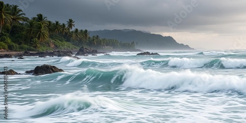 A serene beach with waves crashing against the rocks as the wind blows through the palm trees, rocks, scenic