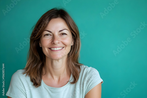 Portrait of a cheerful woman in her 40s in a t-shirt on a teal background. 4k high image