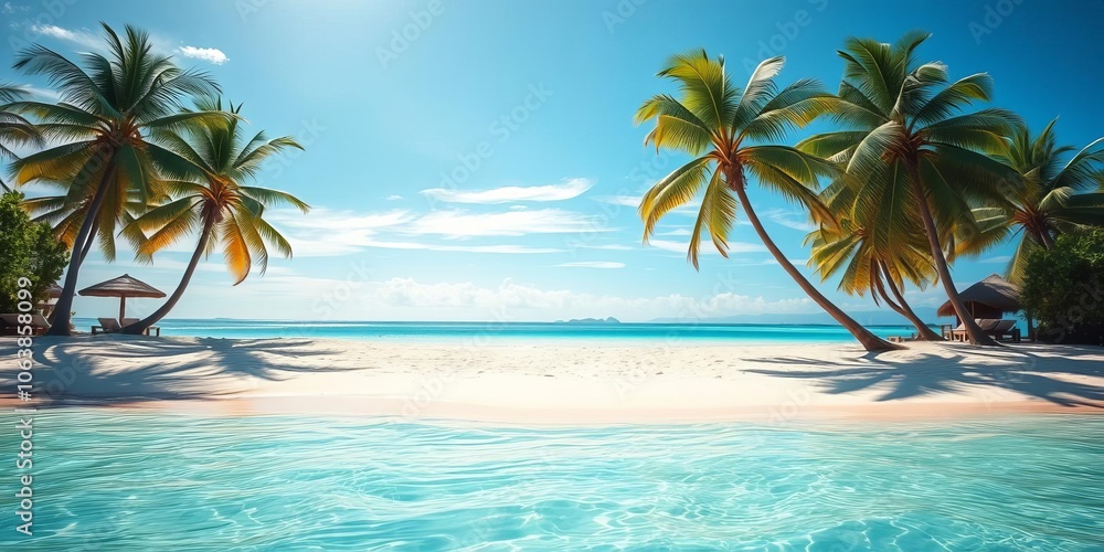A serene and sandy beach with crystal clear turquoise waters and palm trees swaying in the gentle breeze, perfect for a peaceful tropical getaway, water, sand A serene and sandy beach with crystal clear turquoise waters and palm trees swaying in the gentle breeze, perfect for a peaceful tropical getaway, water, sand
