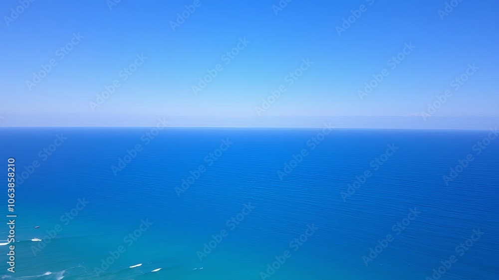 A serene aerial view of the vast blue ocean with small waves gently breaking along the coastline, under a clear sky, nature, aerial A serene aerial view of the vast blue ocean with small waves gently breaking along the coastline, under a clear sky, nature, aerial