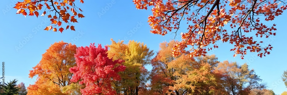 A scenic view of a vibrant autumn forest with colorful foliage and a clear blue sky, fall, clear sky A scenic view of a vibrant autumn forest with colorful foliage and a clear blue sky, fall, clear sky