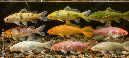 Vibrant koia carp swimming gracefully beneath the surface of clear water from above photo