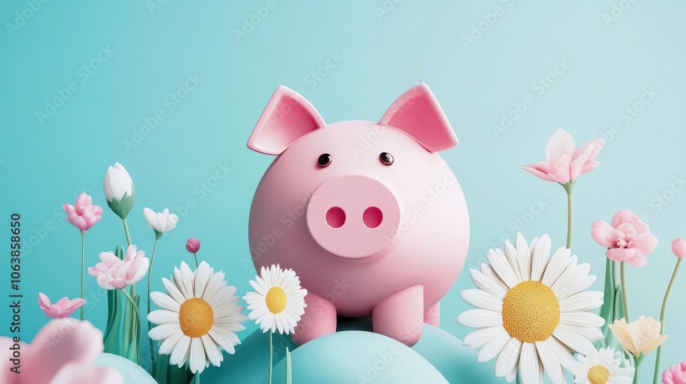 A pink piggy bank sitting in a field of daisies and pink flowers on a blue background. A pink piggy bank sitting in a field of daisies and pink flowers on a blue background.