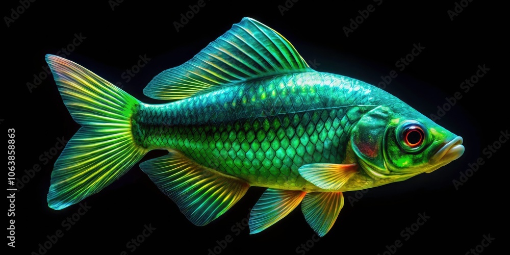 Fototapeta premium Beautiful Iridescent Green Neon Transparent Glass Fish in Tilt-Shift Photography on Black Background, Generative AI Imagery for Artistic and Nature Lovers