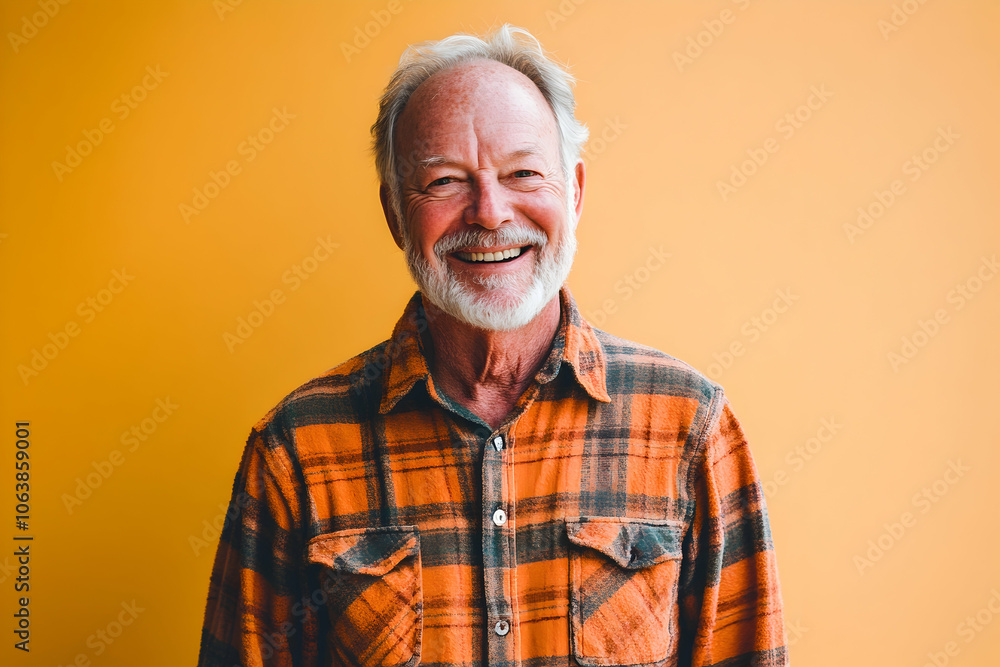 Portrait of a happy man in his 70s in a flannel shirt on a solid color backdrop. 4k high image Portrait of a happy man in his 70s in a flannel shirt on a solid color backdrop. 4k high image