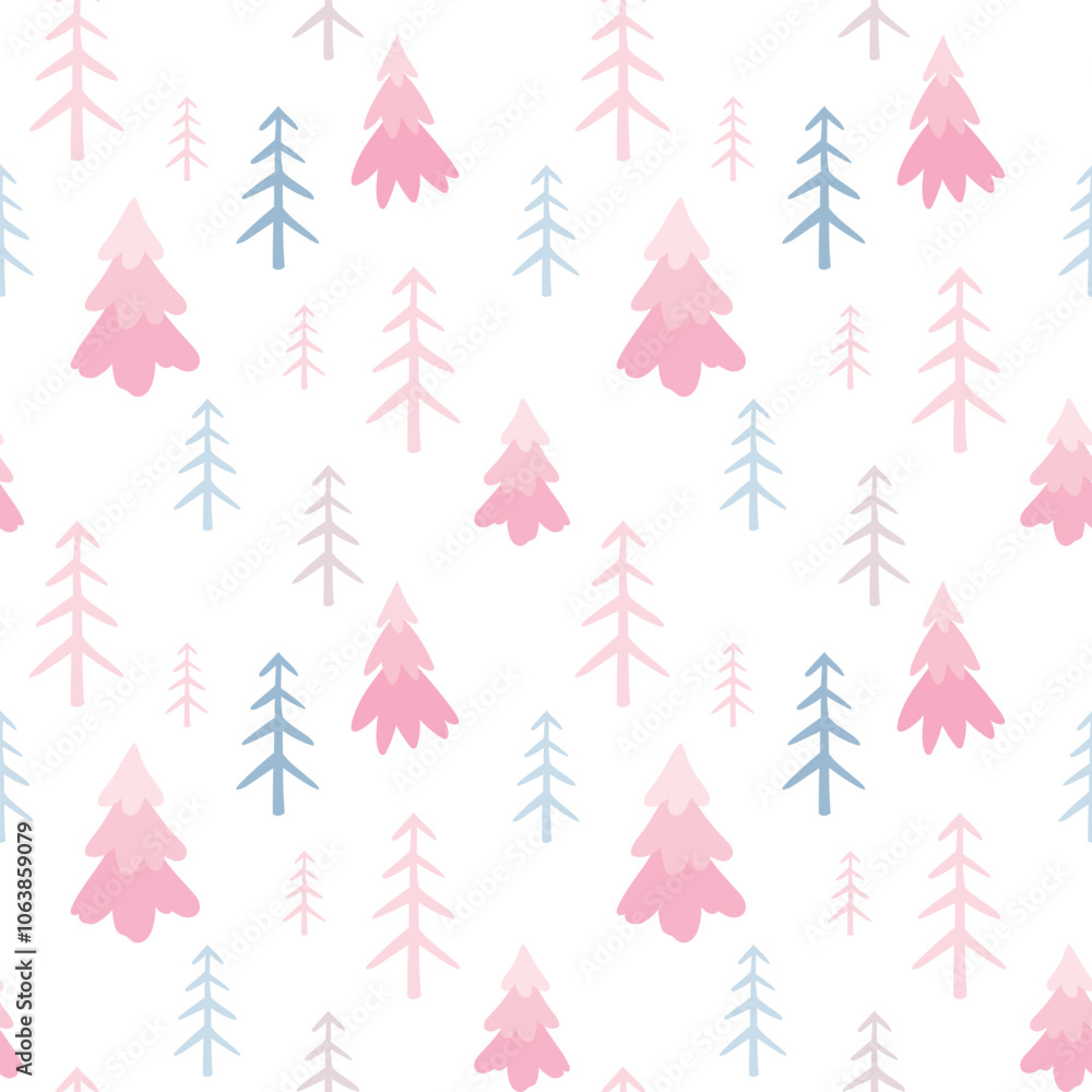 Pink and blue Christmas trees. Vector seamless pattern on white background in pastel colors. Cute flat illustration for Christmas Pink and blue Christmas trees. Vector seamless pattern on white background in pastel colors. Cute flat illustration for Christmas