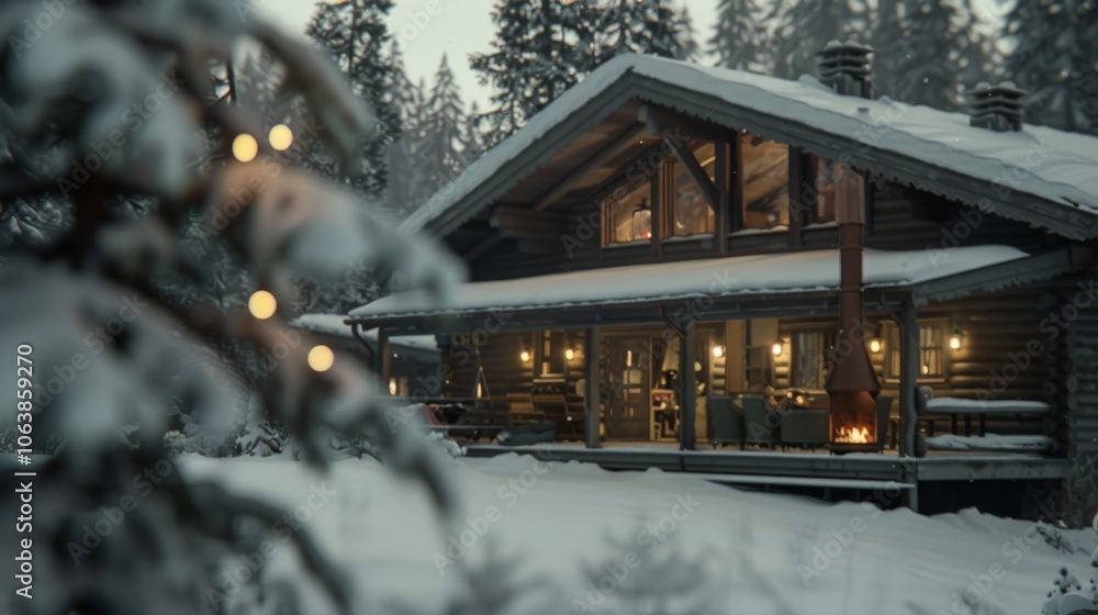 Fototapeta premium A warmly lit chalet glows in the evening snow, evoking a sense of festive warmth and welcoming embrace amid the winter forest backdrop.