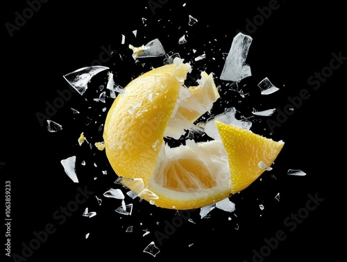 Exploding Lemon with Shattered Glass on Black Background photo