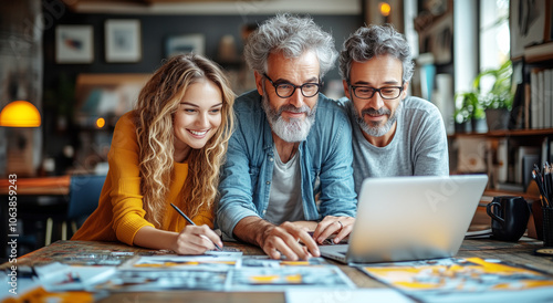 Amigos hombres y mujeres están sentados en una mesa con un ordenador portátil, trabajando,estudiando o con su negocio on line en internet. Teletrabajo y formación on line.