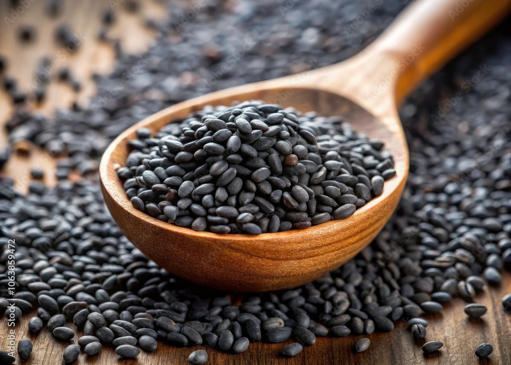 Black Sesame Seeds in Wooden Spoon with Copy Space - Tilt Shift Photography for Culinary and Health Uses Black Sesame Seeds in Wooden Spoon with Copy Space - Tilt Shift Photography for Culinary and Health Uses