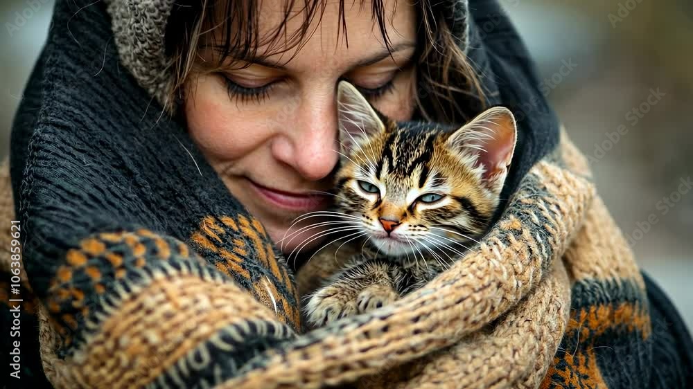 Close-up of a young woman holding a trembling homeless kitten close to her face, both wrapped in a tattered scarf. Close-up of a young woman holding a trembling homeless kitten close to her face, both wrapped in a tattered scarf.