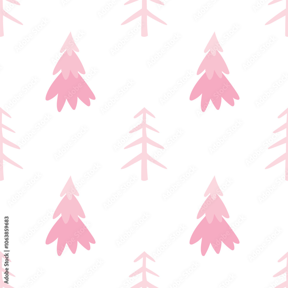 Obraz premium Pink Christmas trees. Vector seamless pattern on white background in pastel colors. Cute flat illustration for Christmas