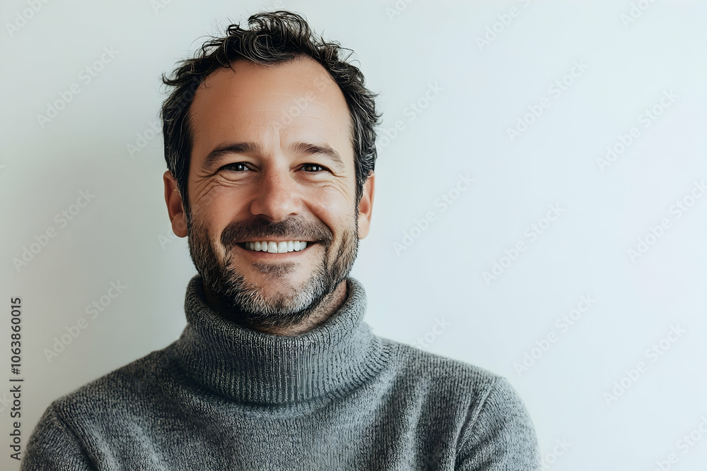 Portrait of a happy man in his 30s in a turtleneck sweater on a white background. 4k high quality Portrait of a happy man in his 30s in a turtleneck sweater on a white background. 4k high quality