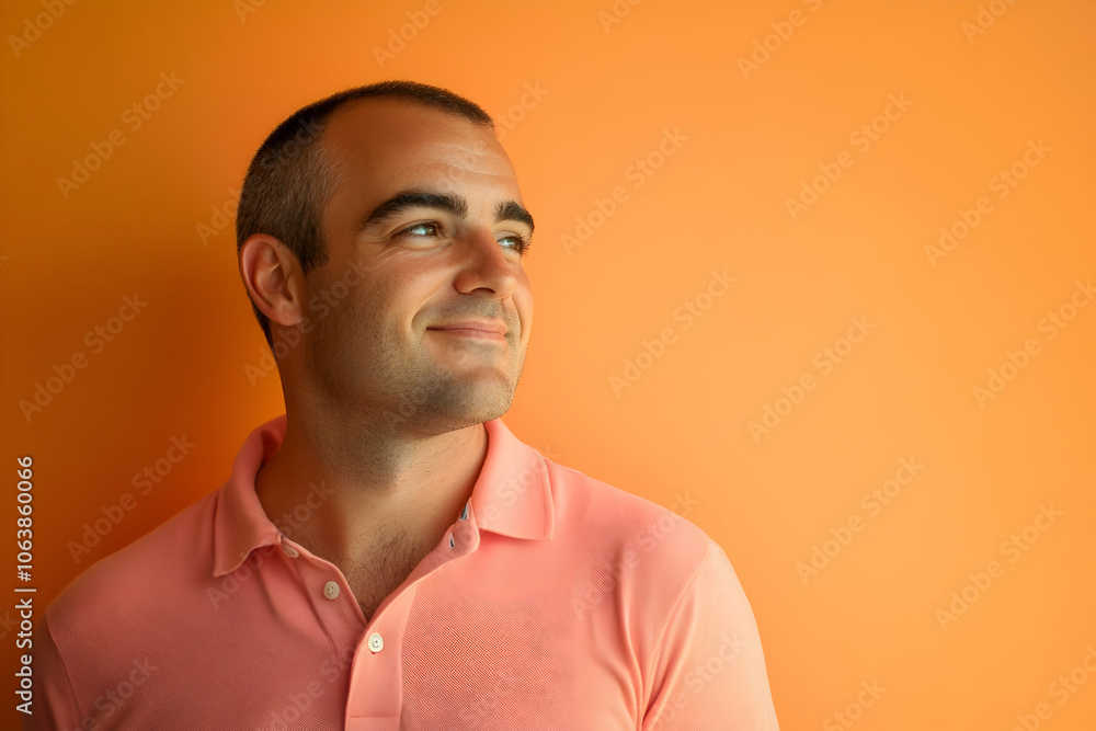 Portrait of a happy man in his 30s wearing a polo shirt on a soft orange background. 4k high quality Portrait of a happy man in his 30s wearing a polo shirt on a soft orange background. 4k high quality