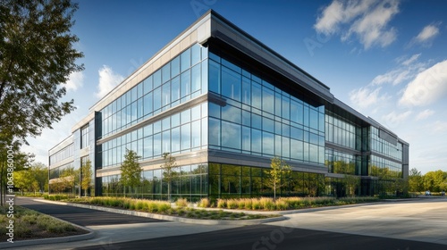 Wallpaper Mural Modern office building with glass facade, surrounded by landscaping and a clear sky. Torontodigital.ca