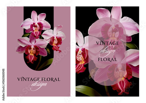 Vintage vector illustration with orchid flowers on a changeable background. Floral design template for wedding invitation, greeting card, notebook cover, flyer or certificate.	
