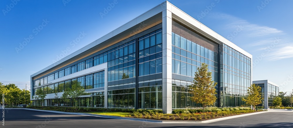 Modern office building with large glass windows and landscaped surroundings. Modern office building with large glass windows and landscaped surroundings.
