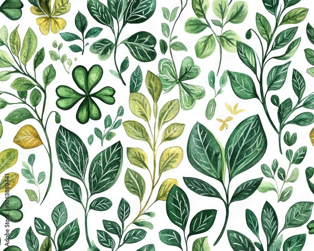 Whimsical Spring Greenery. Hand-drawn Watercolor Pattern with Clover Leaves Whimsical Spring Greenery. Hand-drawn Watercolor Pattern with Clover Leaves