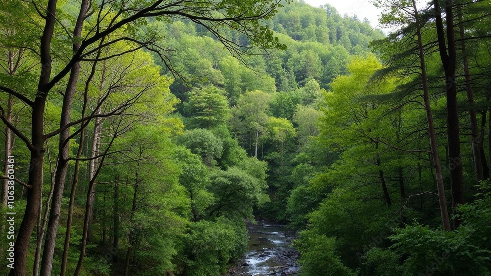 A peaceful, serene forest scene with lush green foliage and a gentle stream running through the landscape, wilderness, beauty A peaceful, serene forest scene with lush green foliage and a gentle stream running through the landscape, wilderness, beauty