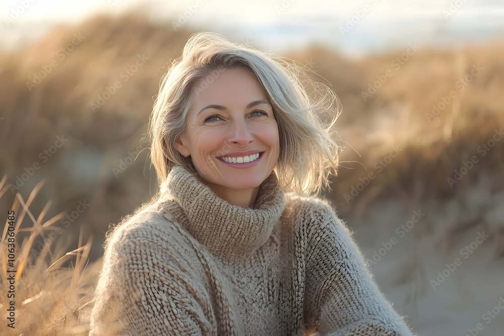 Portrait of a happy woman in her 60s in a sweater on a dune landscape. 4k high image Portrait of a happy woman in her 60s in a sweater on a dune landscape. 4k high image