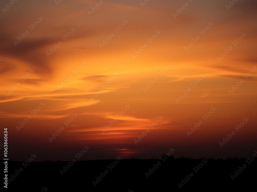 A peaceful dusk setting with a vibrant orange sky and silhouettes of trees, nature, tranquil A peaceful dusk setting with a vibrant orange sky and silhouettes of trees, nature, tranquil