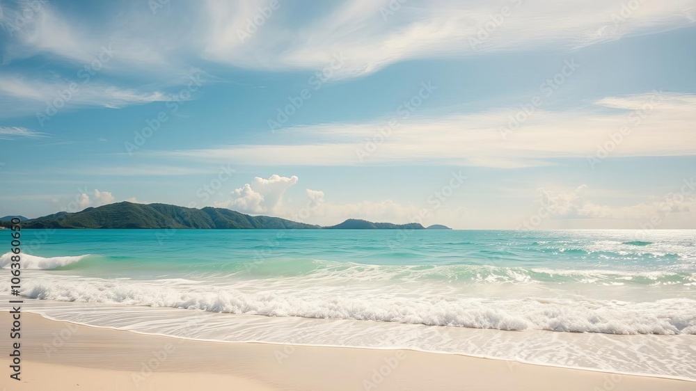 A peaceful beach scene with golden sand, clear turquoise waters, and a vibrant blue sky, sunny, idyllic
