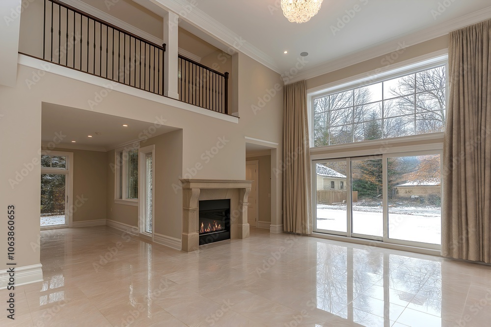 Obraz premium Modern empty living room with fireplace, large window and marble floor with mezzanine area, photographic backdrop.
