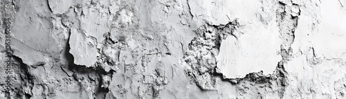 Close-up of a white wall with peeling paint, revealing the rough texture underneath. photo