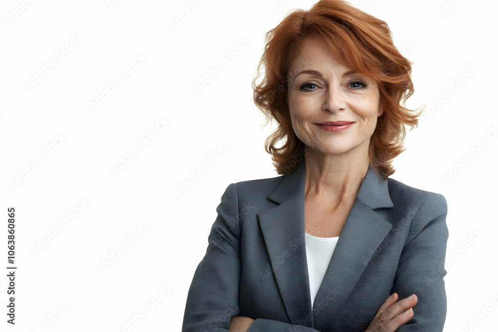 Portrait of a happy woman in her 50s in a blazer on a white background. 4k high image Portrait of a happy woman in her 50s in a blazer on a white background. 4k high image