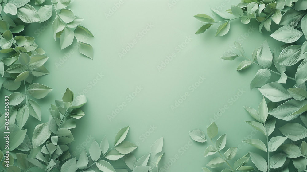 Obraz premium A serene arrangement of green leaves on a soft mint background highlighting natural beauty and tranquility in a minimalist design